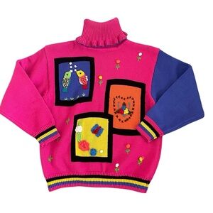 Pink Retro Color Block Turtle Neck Sweater XS/S